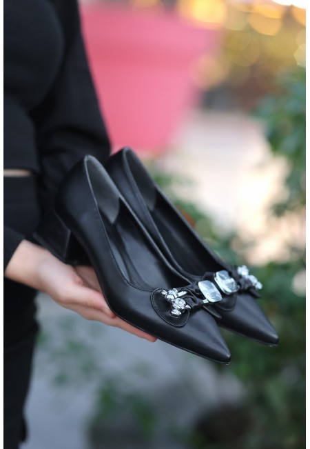 Nell Siyah Cilt  Platin Tokalı Topuklu Ayakkabı