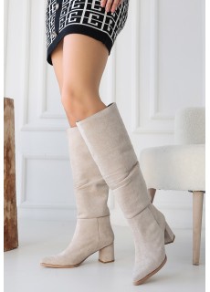 Pitay Bej Süet Topuklu Çizme