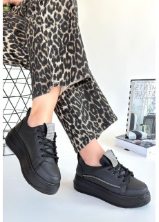 Leope Siyah Cilt Bağcıklı Spor Ayakkabı