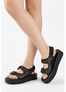 Sinna Siyah Cilt Tül Detaylı Sandalet