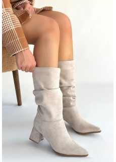 Titen Bej Süet Körüklü Topuklu Çizme
