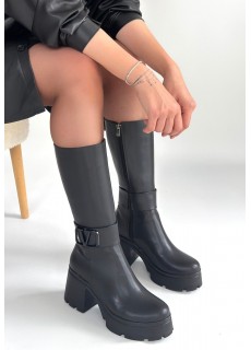 Moki Siyah Cilt Topuklu Çizme