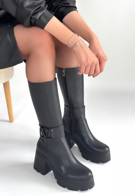 Moki Siyah Cilt Topuklu Çizme Moki Siyah Cilt Topuklu Çizme