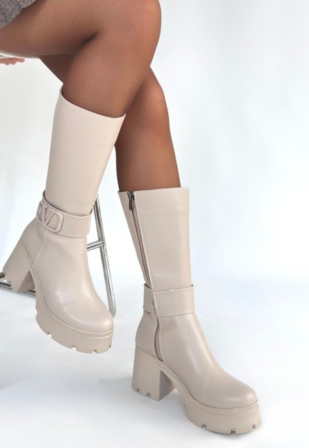 Moki Bej Cilt Topuklu Çizme Moki Bej Cilt Topuklu Çizme