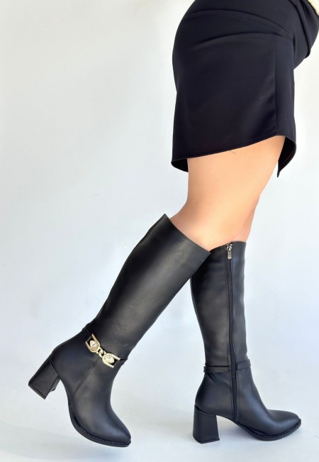 Mooni Siyah Cilt Topuklu Çizme Mooni Siyah Cilt Topuklu Çizme