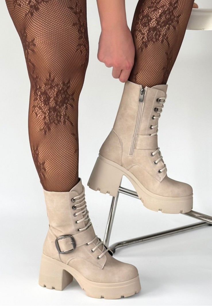 Linma Bej Nubuk Bağcıklı Topuklu Bot