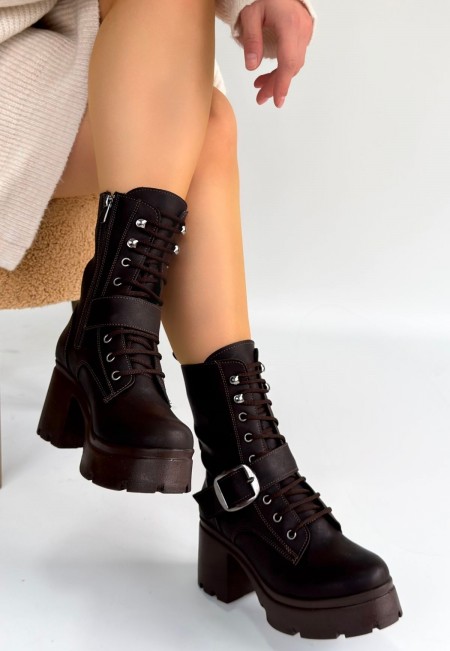 Linma Acı Kahve Cilt Bağcıklı Topuklu Bot