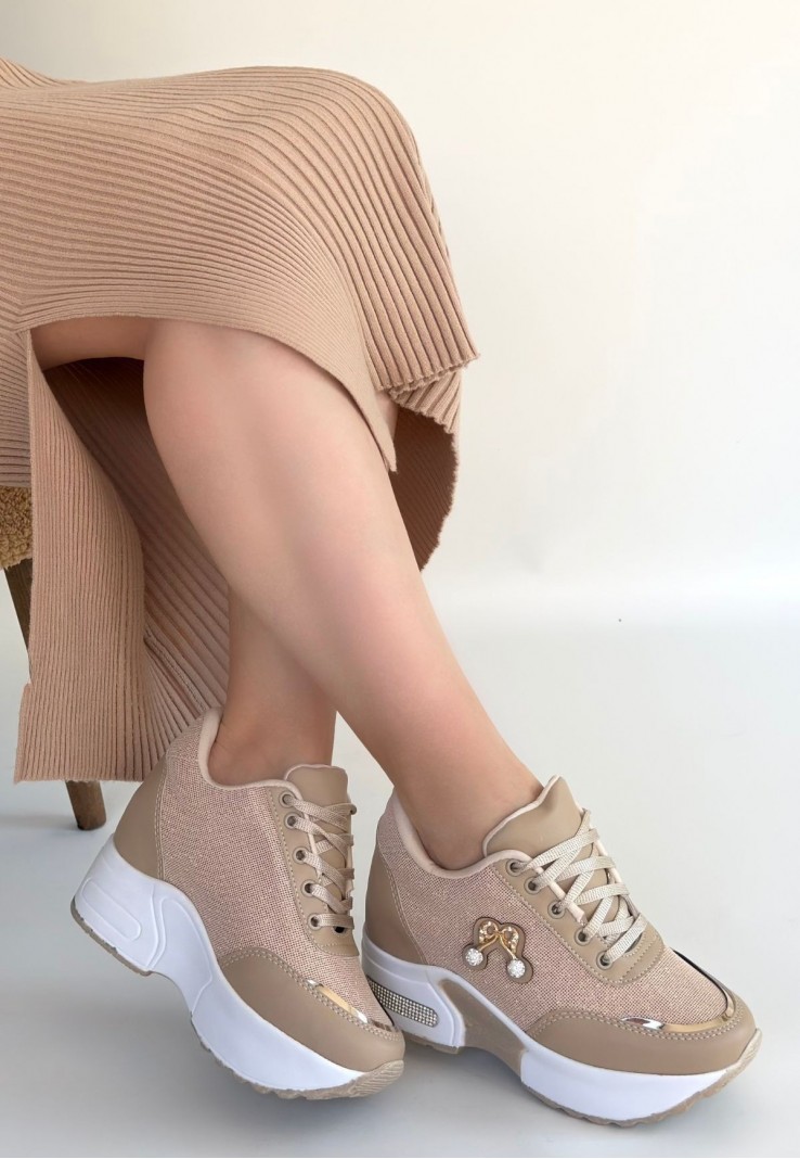 Wody Bej Cilt Simli Bağcıklı Spor Ayakkabı Wody Bej Cilt Simli Bağcıklı Spor Ayakkabı