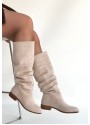 Winda Bej Süet Körüklü Topuklu Çizme