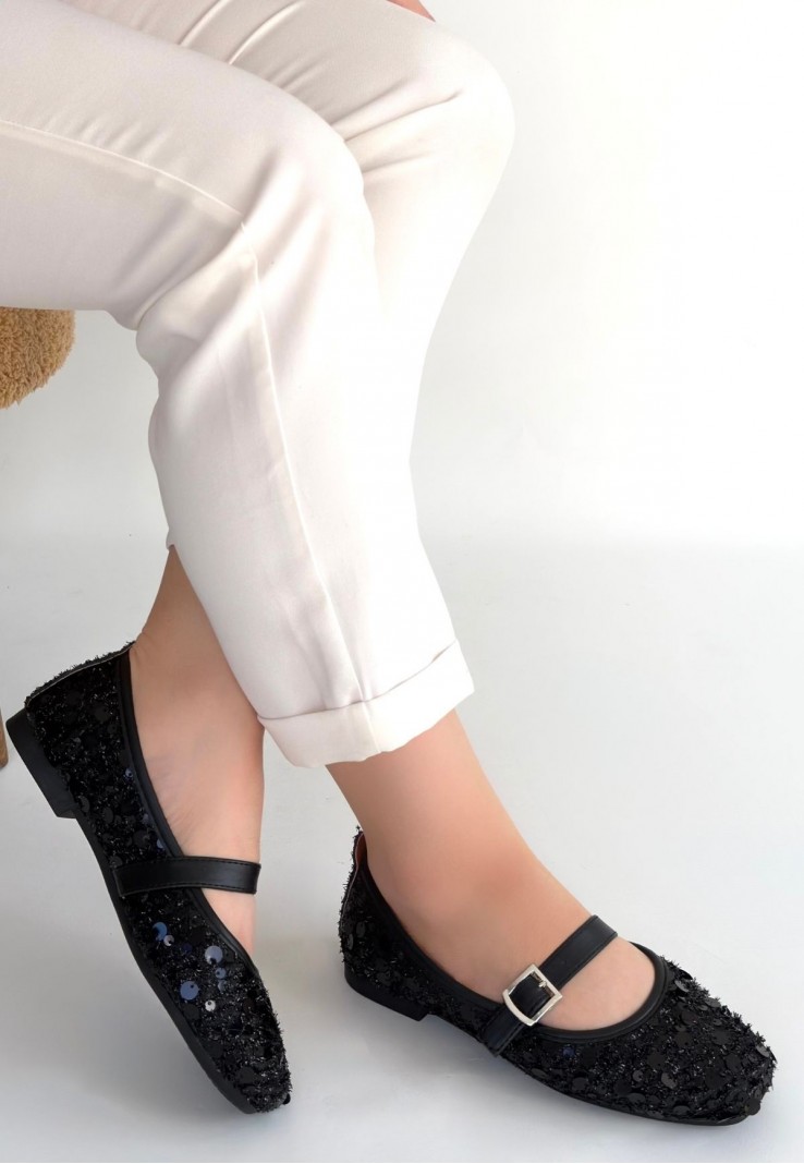 Zaty Siyah Süet Siyah Pullu Babet Ayakkabı