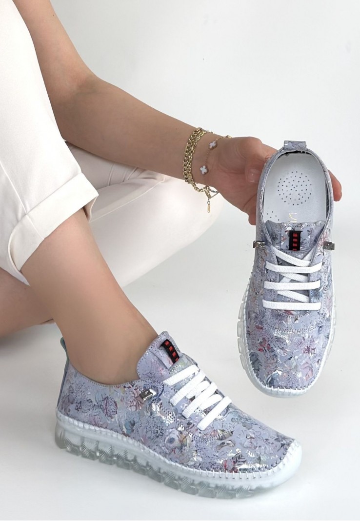 Jiten Lila Desenli Deri Bağcıklı Spor Ayakkabı