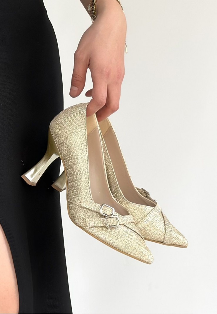 Wenda Gold Simli Cilt Topuklu Ayakkabı Wenda Gold Simli Cilt Topuklu Ayakkabı