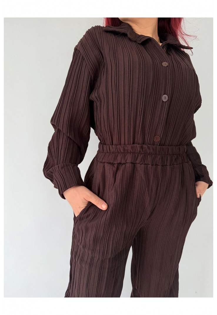 Pliseli Kahverengi Gömlekli İkili Takım