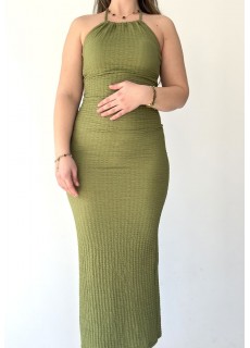 Bomber Yeşil Boyundan Bağlamalı Elbise