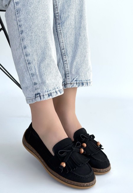 Boriy Siyah Deri Tozu Süet Babet Ayakkabı Boriy Siyah Deri Tozu Süet Babet Ayakkabı