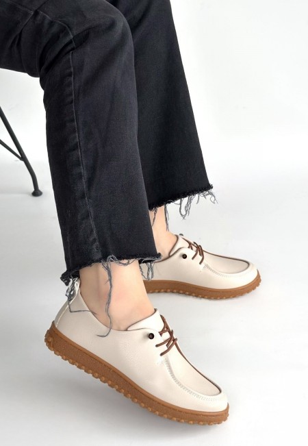 Guot Bej Cilt Bağcıklı Babet Ayakkabı