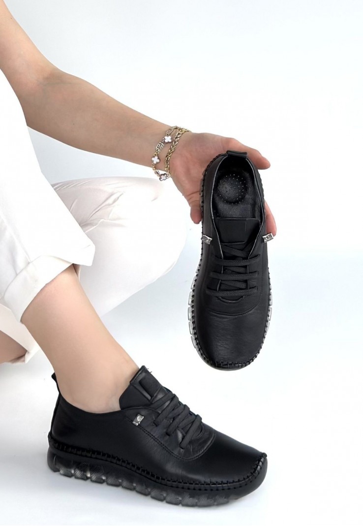 Jiten Siyah Deri Bağcıklı Spor QAyakkabı