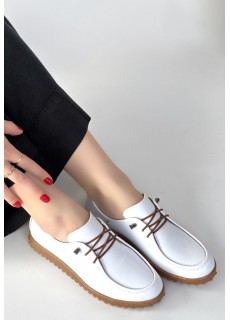 Guot Beyaz Cilt Bağcıklı Babet Ayakkabı