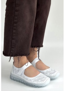 Sina Beyaz Deri Cırt Cırtlı Babet Ayakkabı