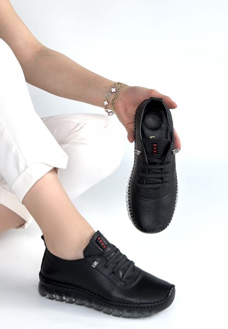 Jiten Siyah Deri Bağcıklı Spor QAyakkabı