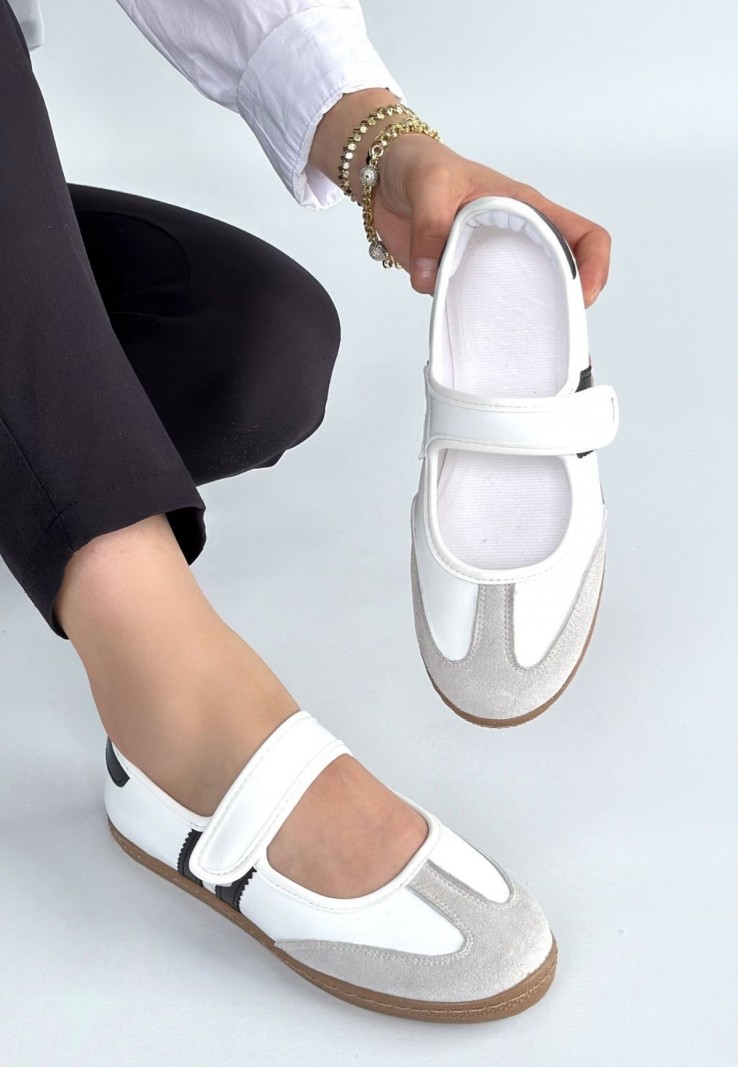 Menja Beyaz Cilt Cırt Cırtlı Babet Ayakkabı