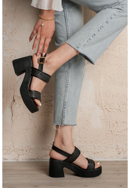 Wowi Siyah Cilt Baskılı Topuklu Sandalet