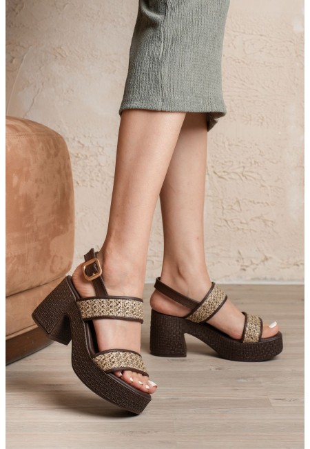Wowi Kahverengi Cilt Baskılı Topuklu Sandalet